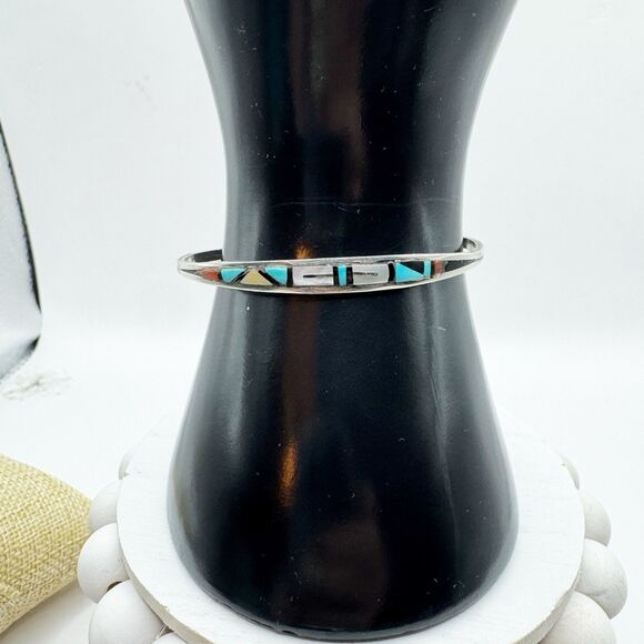 JRB Zuni NM Native American Sterling Silver Multi Stone Inlay Cuff Bracelet - Picture 8 of 14